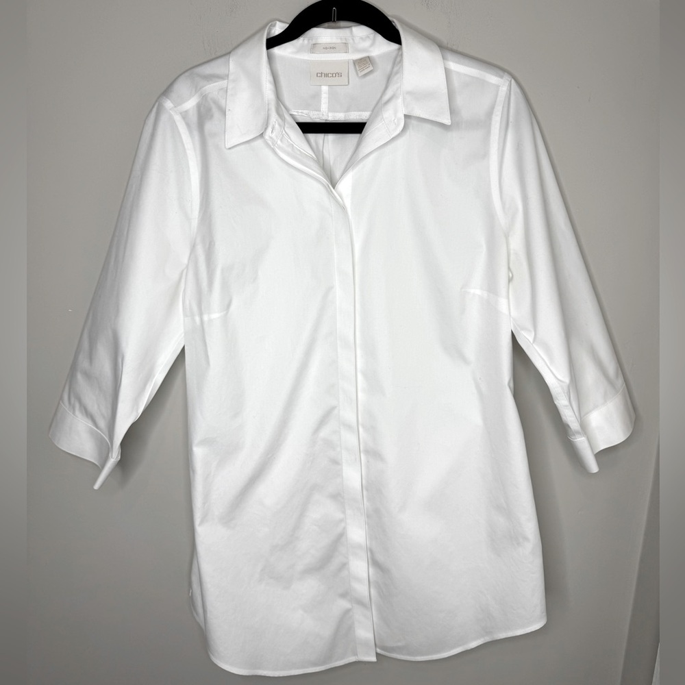Chico’s No Iron Cotton Blend Stain Shield Tunic Shirt Blouse Size 2 (Large)